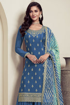 Blue Chinon Silk Palazzo Suit For Indian Wedding & Pakistani Festival - Embroidery Work, Print Work - close-up view