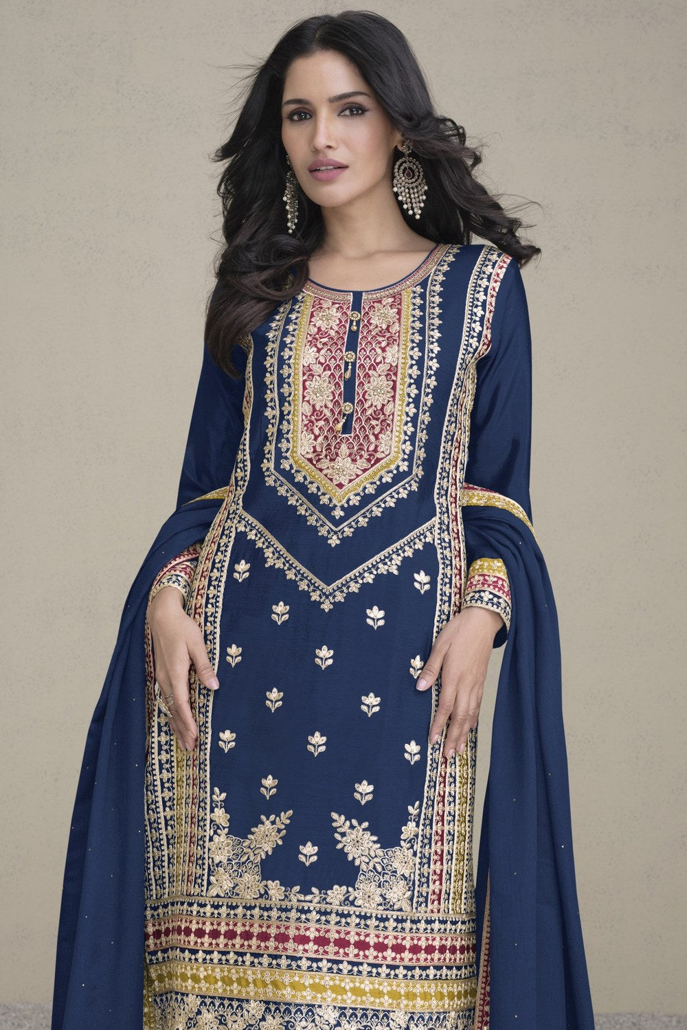 Blue Chinon Silk Palazzo Suit For Indian Weddings & Pakitani Festival - Embroidery Work - close-up view
