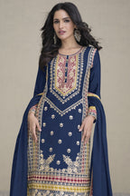 Blue Chinon Silk Palazzo Suit For Indian Weddings & Pakitani Festival - Embroidery Work - close-up view