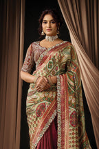 Multicolor Satin Saree For Wedding Guest - Sequins, Pearl & Jacquard Work - close-up view