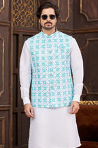 Blue White Art Silk Kurta Pajama with Waistcoat Jacket for Men for Wedding & Festivals - Print Work - close-up view