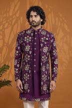 Dark Purple Thread Embroidery Sherwani for Men Wedding - Art Silk - close-up view