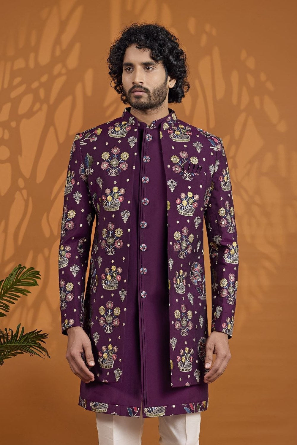 Dark Purple Thread Embroidery Sherwani for Men Wedding - Art Silk - close-up view