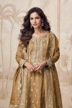 Golden Bronze  Simmer Silk Kameez With Pant For Indian & Pakistani Wedding Festival - Embroidery Work - close-up view