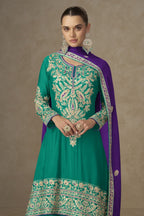 Green Chinon Silk Kameez With Plazo Suit For Indian & Pakistani Wedding Festival - Thread & Sequence Embroidery - close-up view