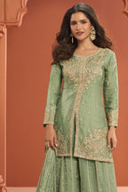 Green Fandy Silk Plazo Suit For Indian & Pakistani Wedding Festival - Thread Embroidery Work - close-up view