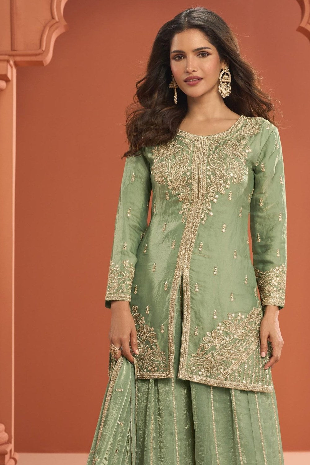 Green Fandy Silk Plazo Suit For Indian & Pakistani Wedding Festival - Thread Embroidery Work - close-up view