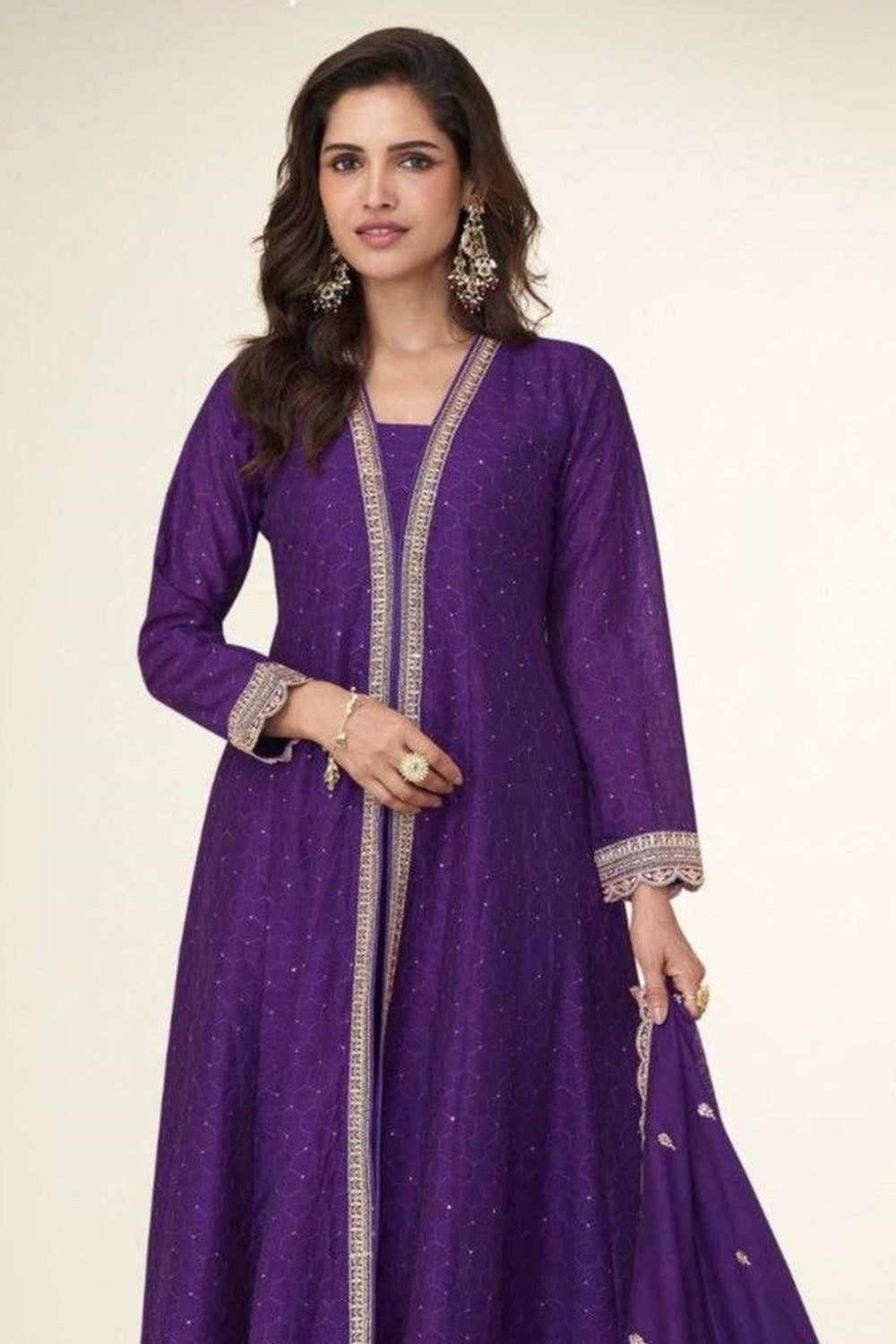 Purple Chinon Silk Thread and Sequins Designer Anarkali Suits - close-up view