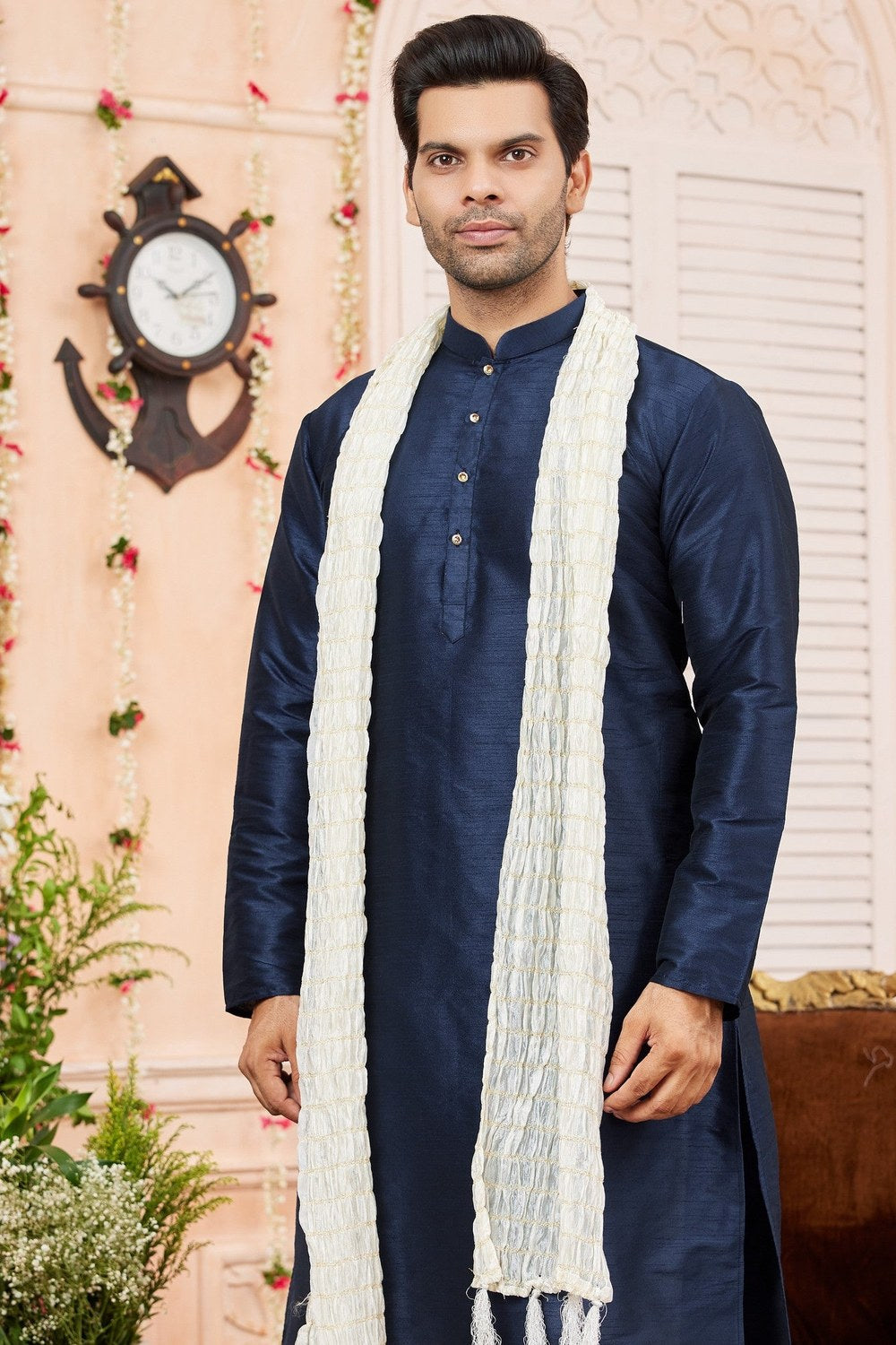 Navy Blue Art Silk Plain Kurta Pajama with Stole Scarf for Men for Festivals & Wedding - close-up view