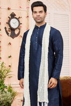 Navy Blue Art Silk Plain Kurta Pajama with Stole Scarf for Men for Festivals & Wedding - close-up view