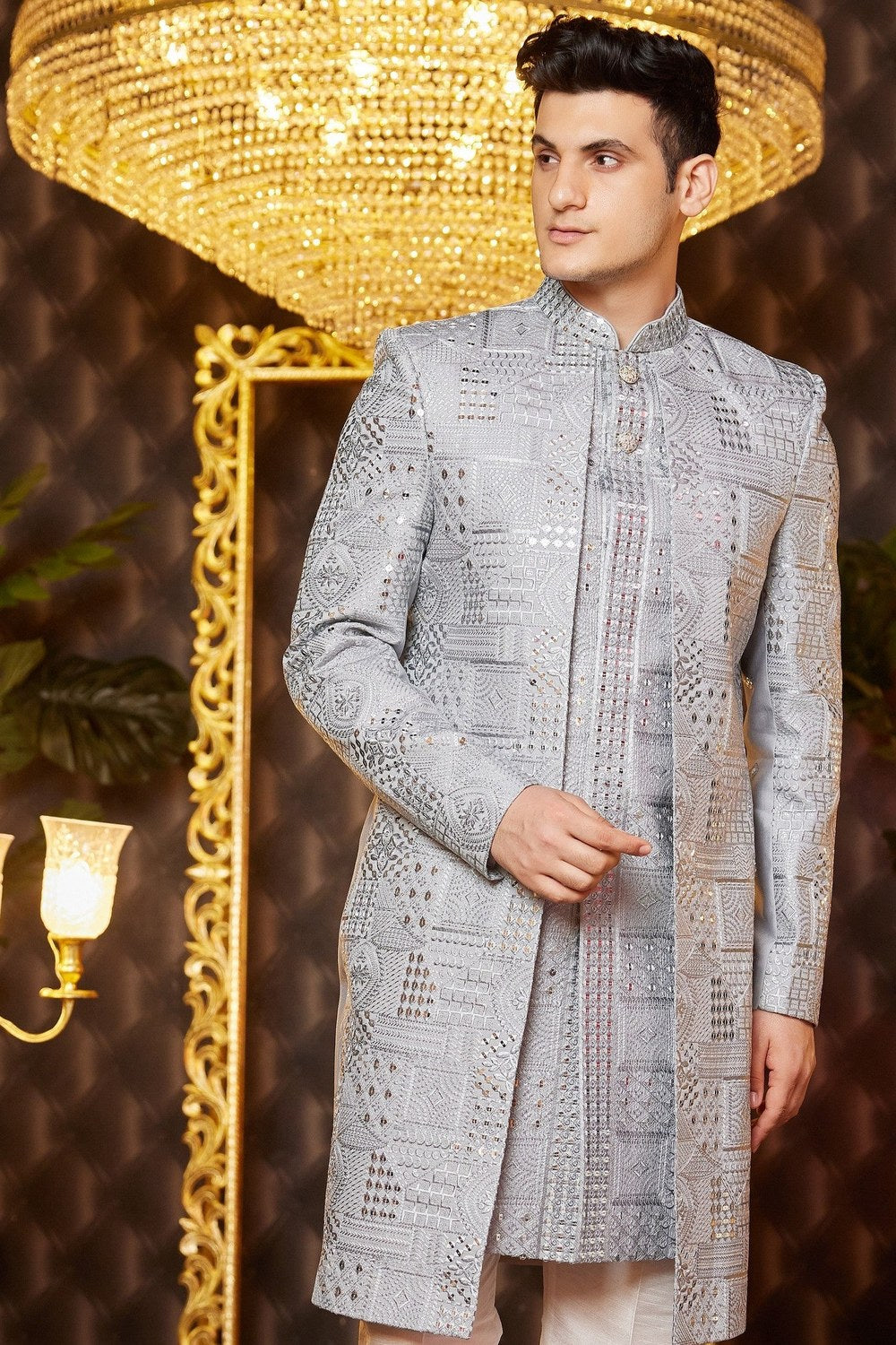 Gray Art Silk Traditional Indo Western Sherwani Long Kurta & Pant for Men for Wedding - Embroidery Work - close-up view