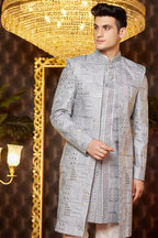 Gray Art Silk Traditional Indo Western Sherwani Long Kurta & Pant for Men for Wedding - Embroidery Work - close-up view