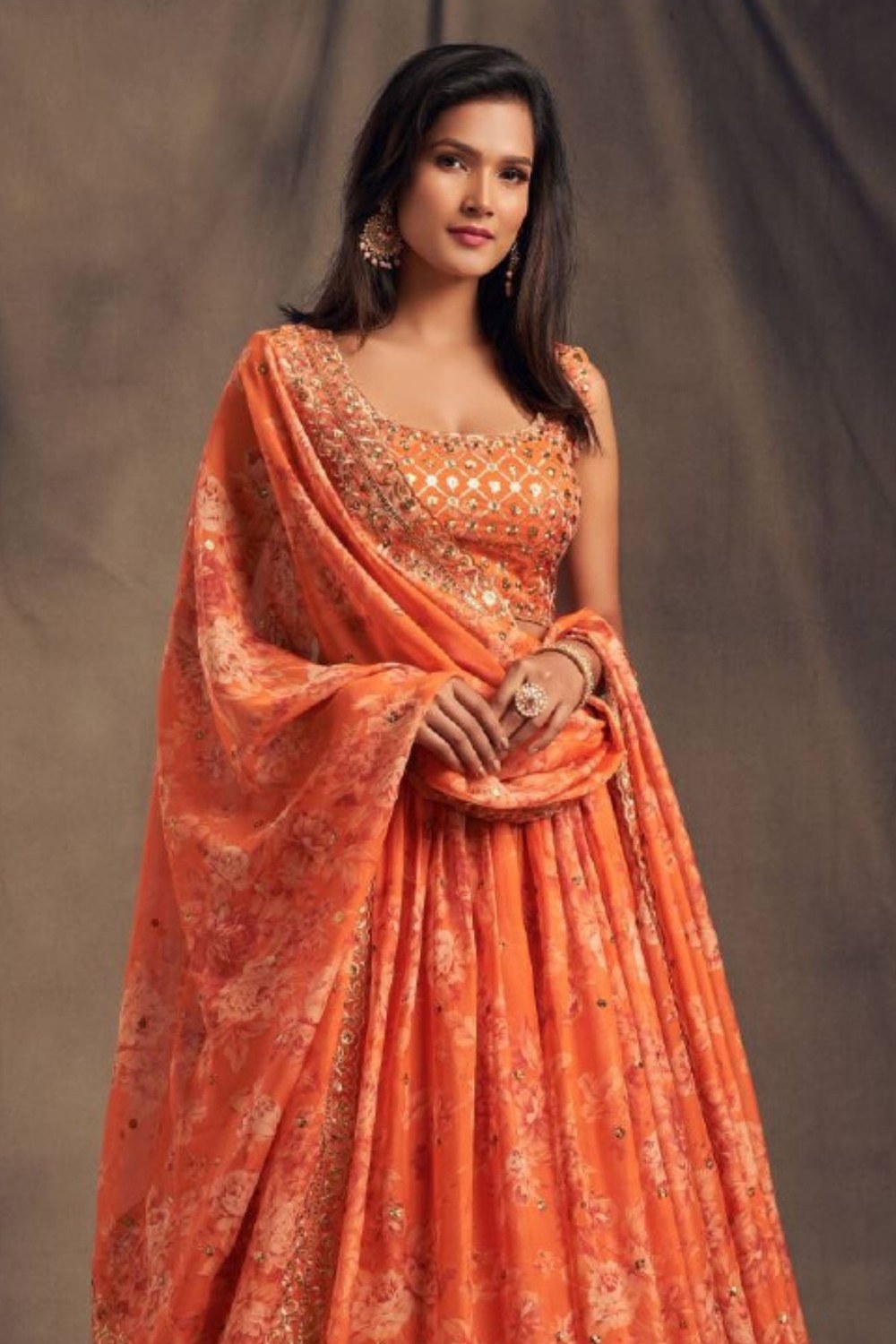 Orange Organza Floral Lehenga Choli For Indian Festival & Weddings - Embroidery Work, Print Work 2249 RTS - close-up view