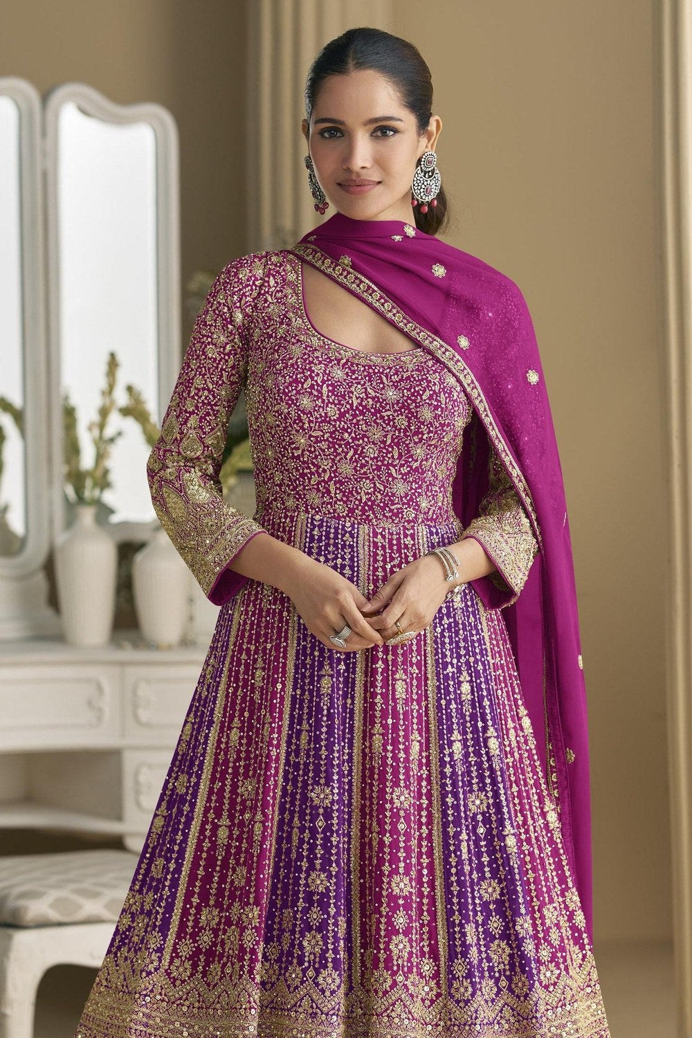 Magenta Georgette Anarkali Suit For Indian & Pakistani Wedding Festival - Sequins & Thread Embroidery Work - close-up view