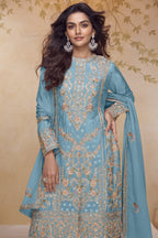Festival Wear Sky Blue Chinon Silk Kameez with Palazo - close-up view