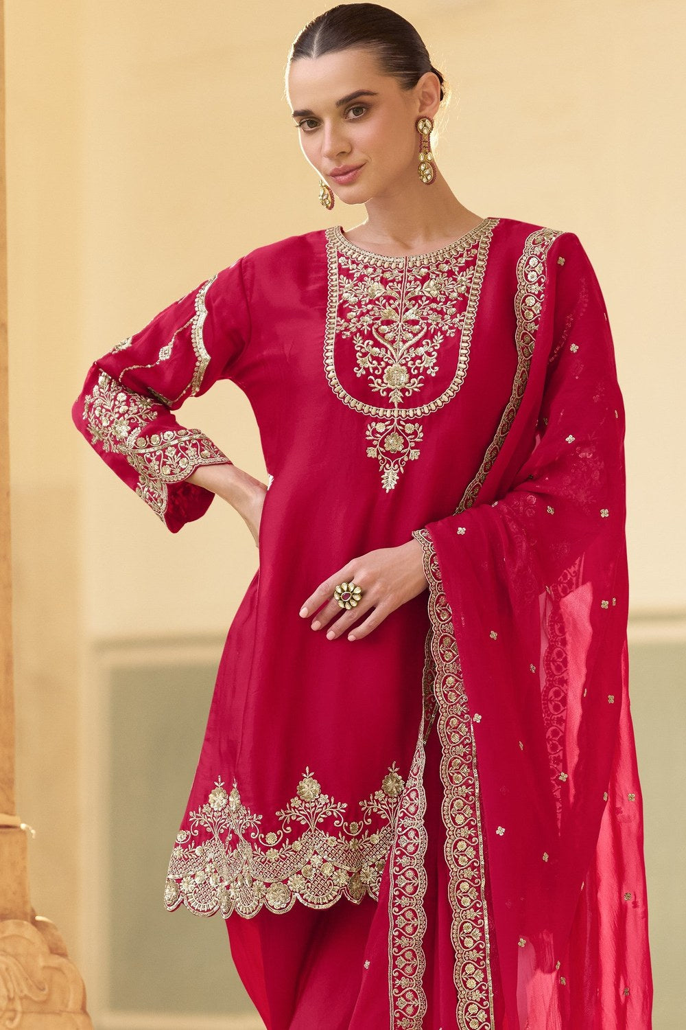 Red Crepe Kameez with Dhoti For Indian Festivals & Weddings - Embroidery Work - close-up view