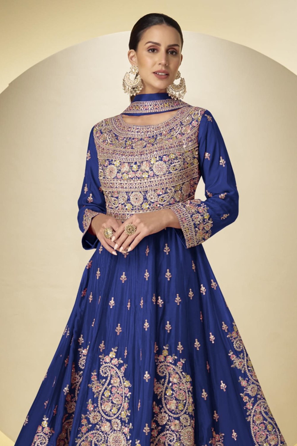 Blue Chinon Silk Kameez With Pant For Indian & Pakistani Wedding Festival - Sequins & Thread Embroidery Work - close-up view