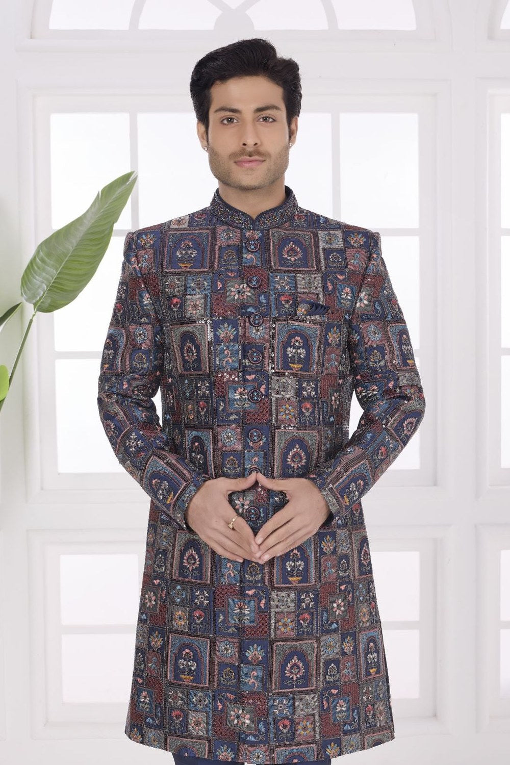 Navy Black Art Silk Kurta for Men Marriage & Pajama - Embroidery Work - close-up view