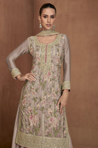 Gray Brown Chinon Silk Engagement Dresses For Women Palazzo Suit - Thread Embroidery Work - close-up view