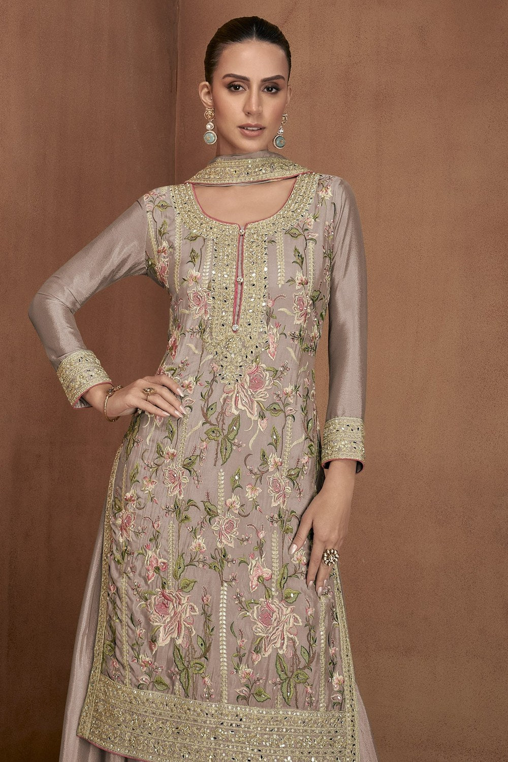 Gray Brown Chinon Silk Engagement Dresses For Women Palazzo Suit - Thread Embroidery Work - close-up view