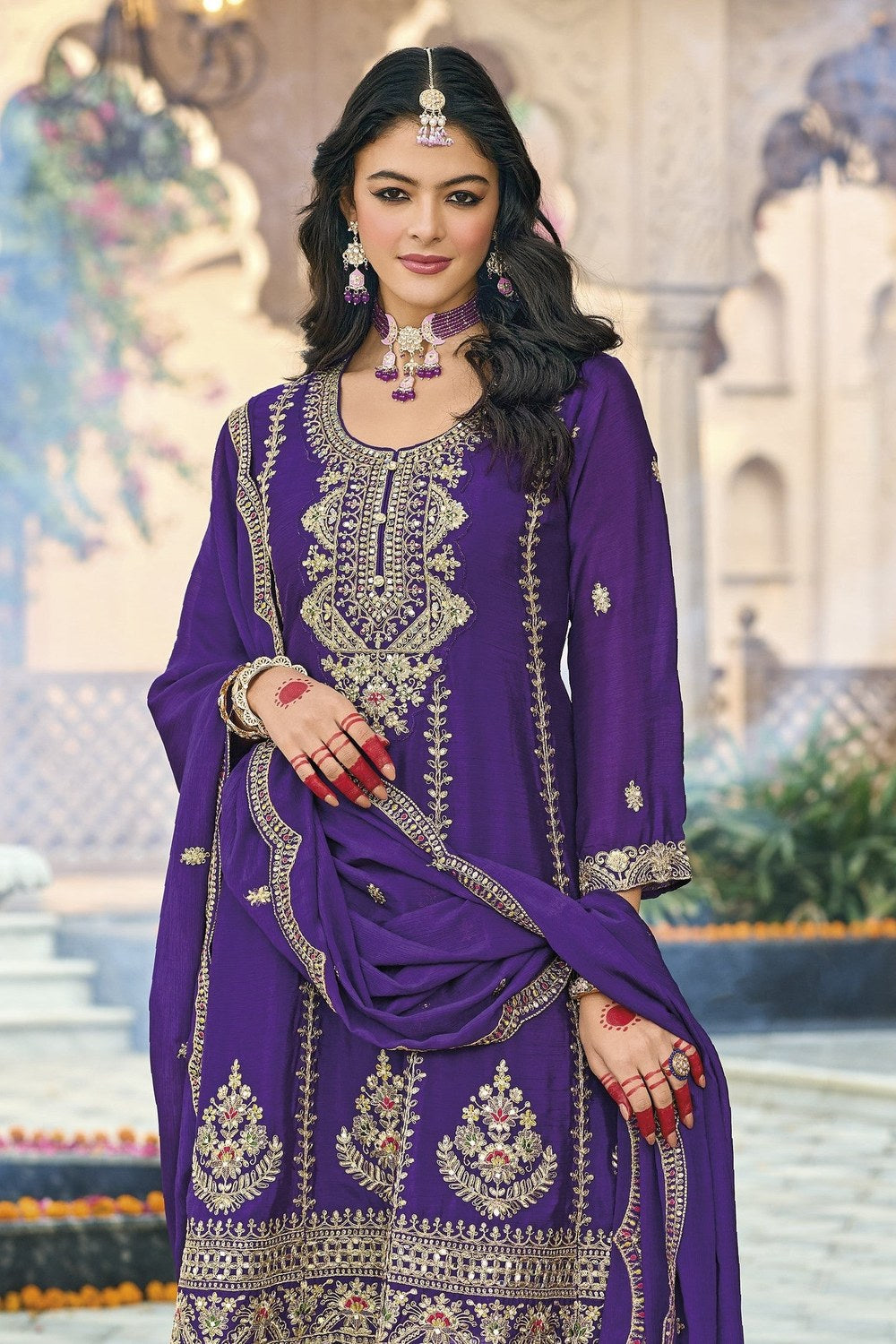 Purple Chinon Silk Kameez With Pant For Indian & Pakistani Wedding Festival - Thread & Sequins Embroidery Work, Real Mirror Work - close-up view
