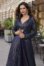 Blue Georgette Plazo Choli With Jacket For Indian & Pakistani Wedding Festival - Thread & Sequins Embroidery Work - close-up view