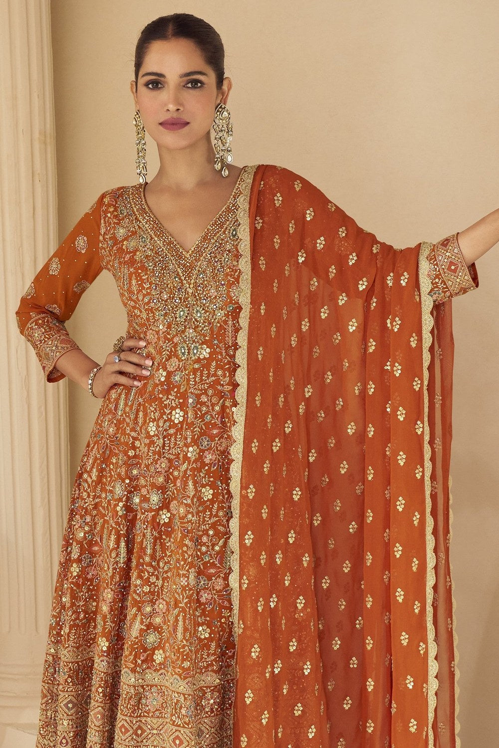 Orange Plazo Style Sangeet Outfit for Women in Georgette - Zari & Swarovski - close-up view
