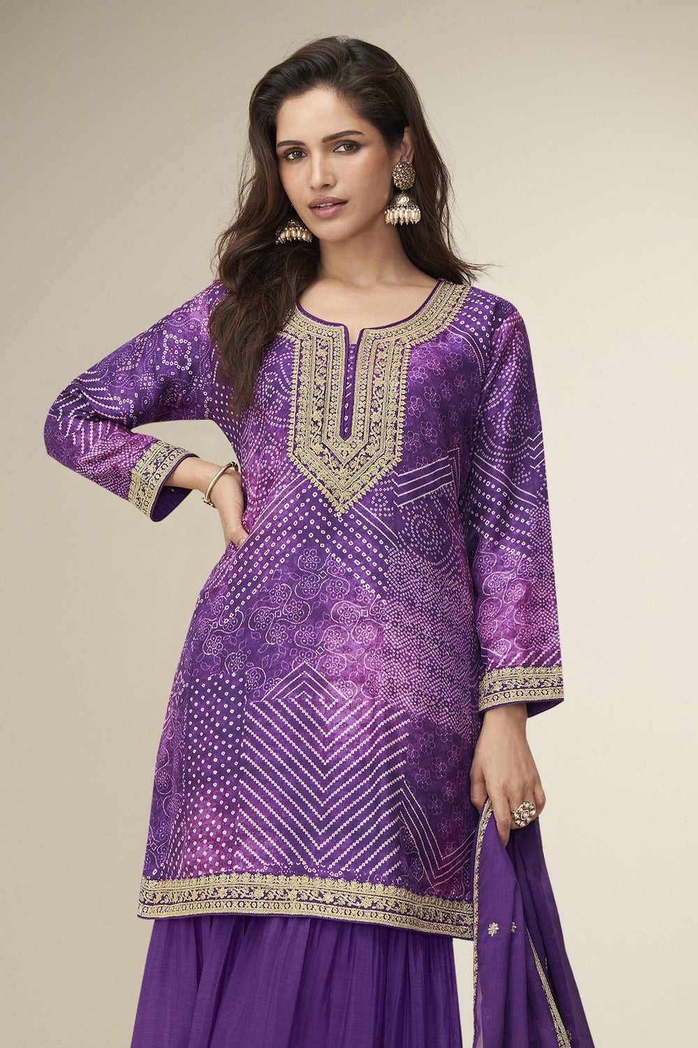 Purple Chinon Silk Plazo Suit For Indian & Pakistani Wedding Festival - Embroidery Work, Print Work - close-up view