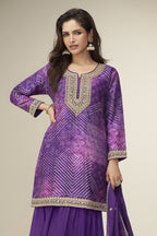 Purple Chinon Silk Plazo Suit For Indian & Pakistani Wedding Festival - Embroidery Work, Print Work - close-up view