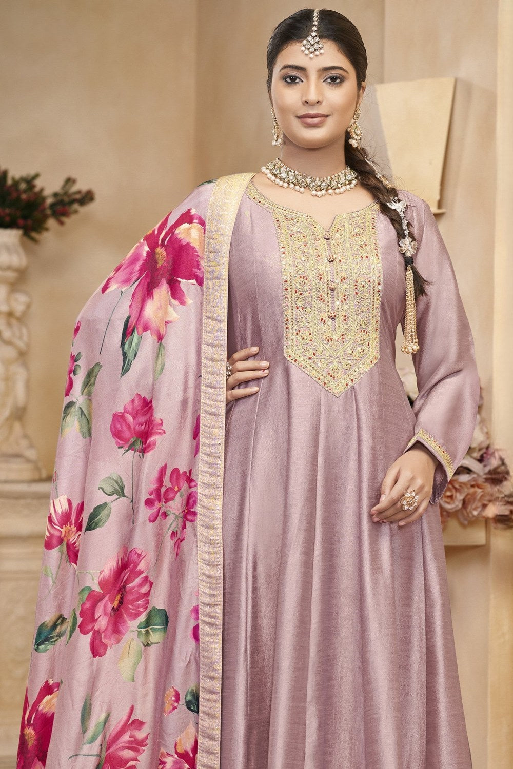 Mauva Chinon Silk Long Kameez Pant Suit For Indian Festivals & Weddings - Embroidery Work, Print Work - close-up view