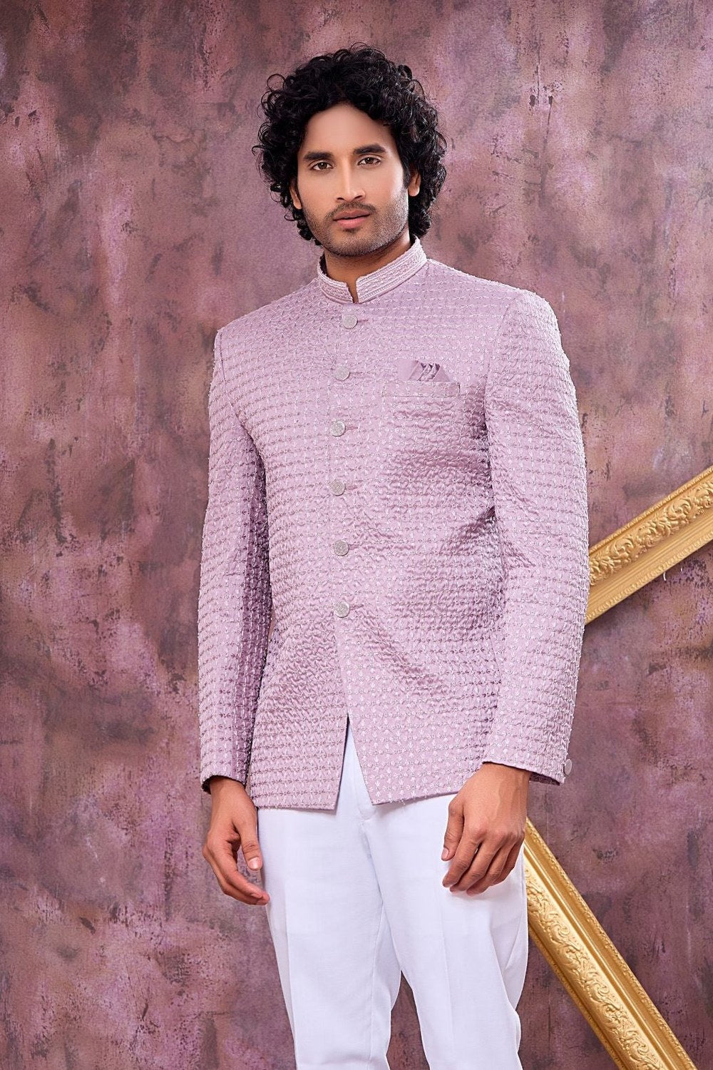 Lavender Art Silk Jodhpuri Bandhgala Suit & Pant with Thread Embroidery Work - close-up view