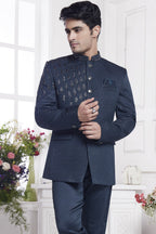 Dark Blue Jacquard Silk Traditional Jodhpuri Suits with Pant for Men for Wedding - Embroidery Work - close-up view