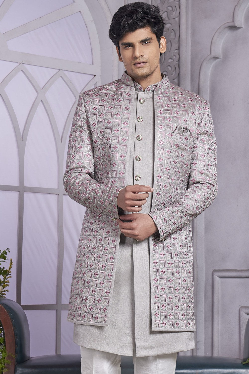 Light Gray Art Silk Indo Western Traditional Sherwani Kurta with Jacket & Pant for Men for Wedding - Embroidery Work - close-up view