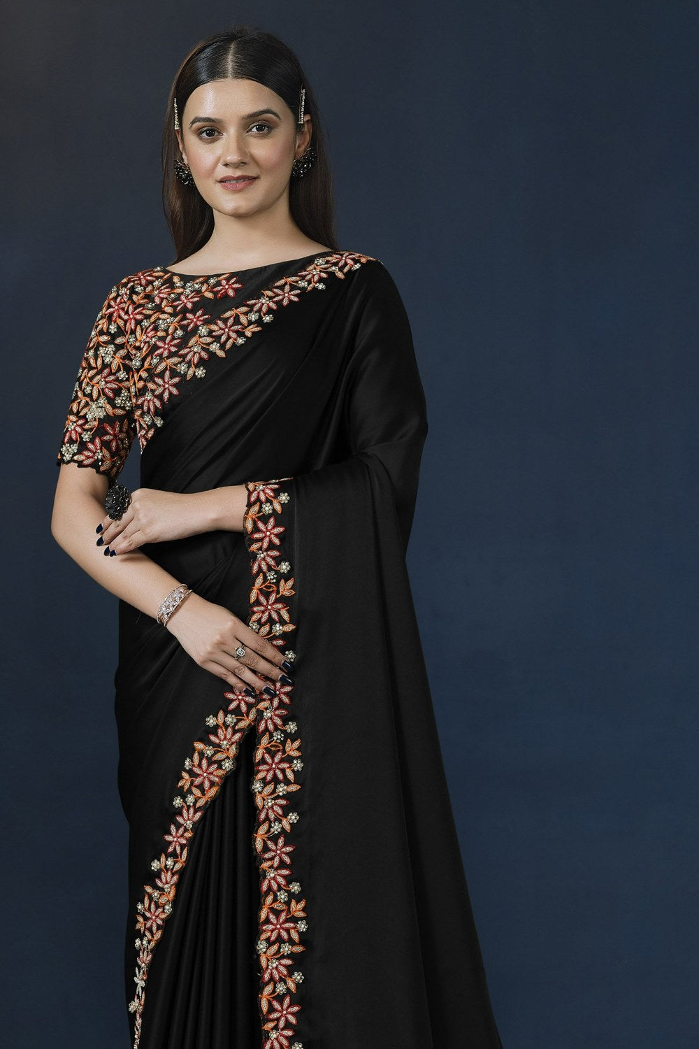 Black Crepe Satin Silk Saree With Stitched Blouse For Indian & Pakistani Wedding Festival - Thread Embroidery Work, Hand Work - close-up view