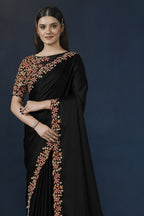 Black Crepe Satin Silk Saree With Stitched Blouse For Indian & Pakistani Wedding Festival - Thread Embroidery Work, Hand Work - close-up view