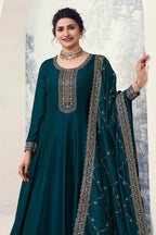 Teal Georgette Silk Anarkali Suit for Indian Wedding Guest Outfits - Embroidery Work - close-up view