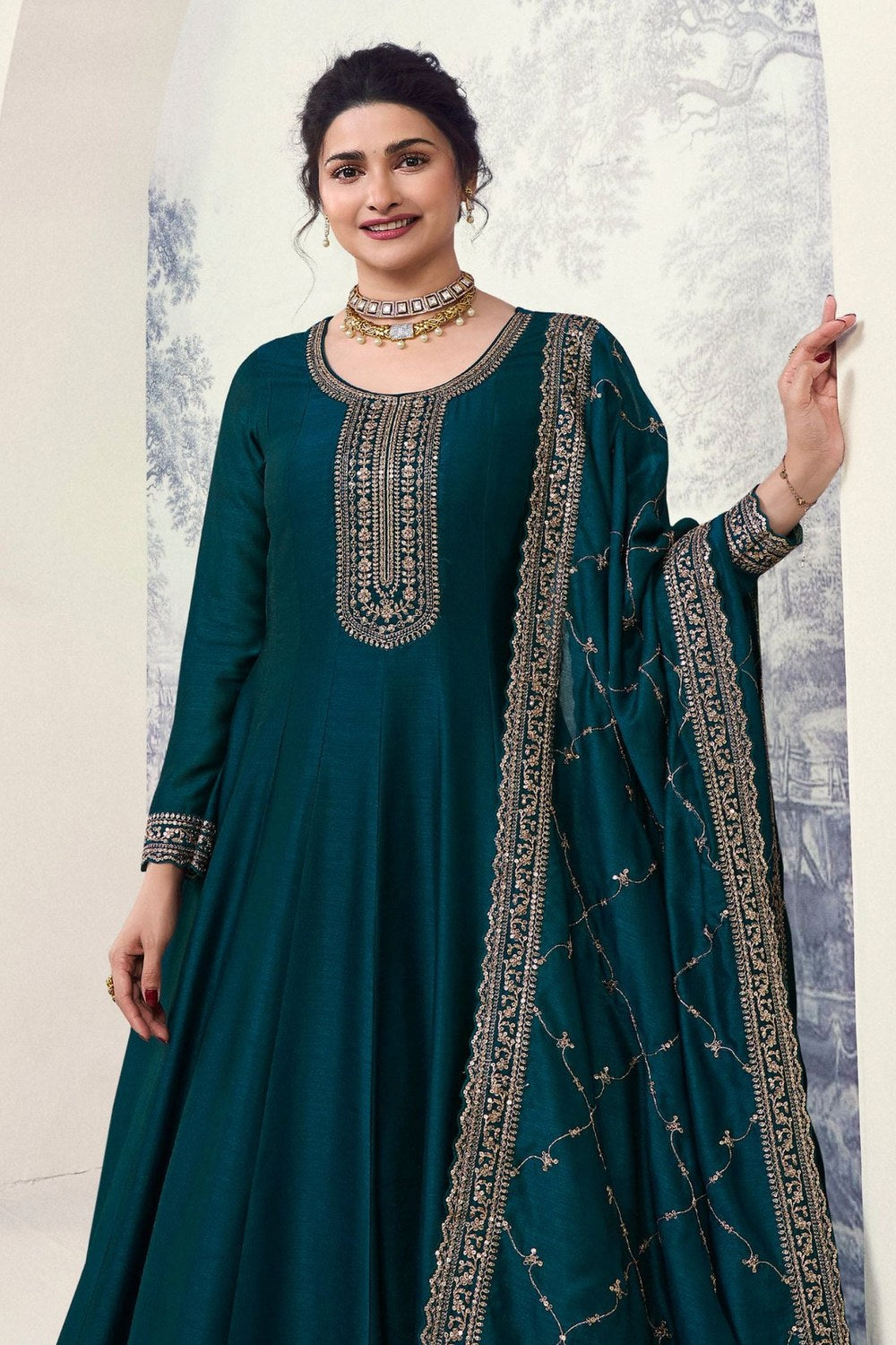 Teal Georgette Silk Anarkali Suit for Indian Wedding Guest Outfits - Embroidery Work - close-up view