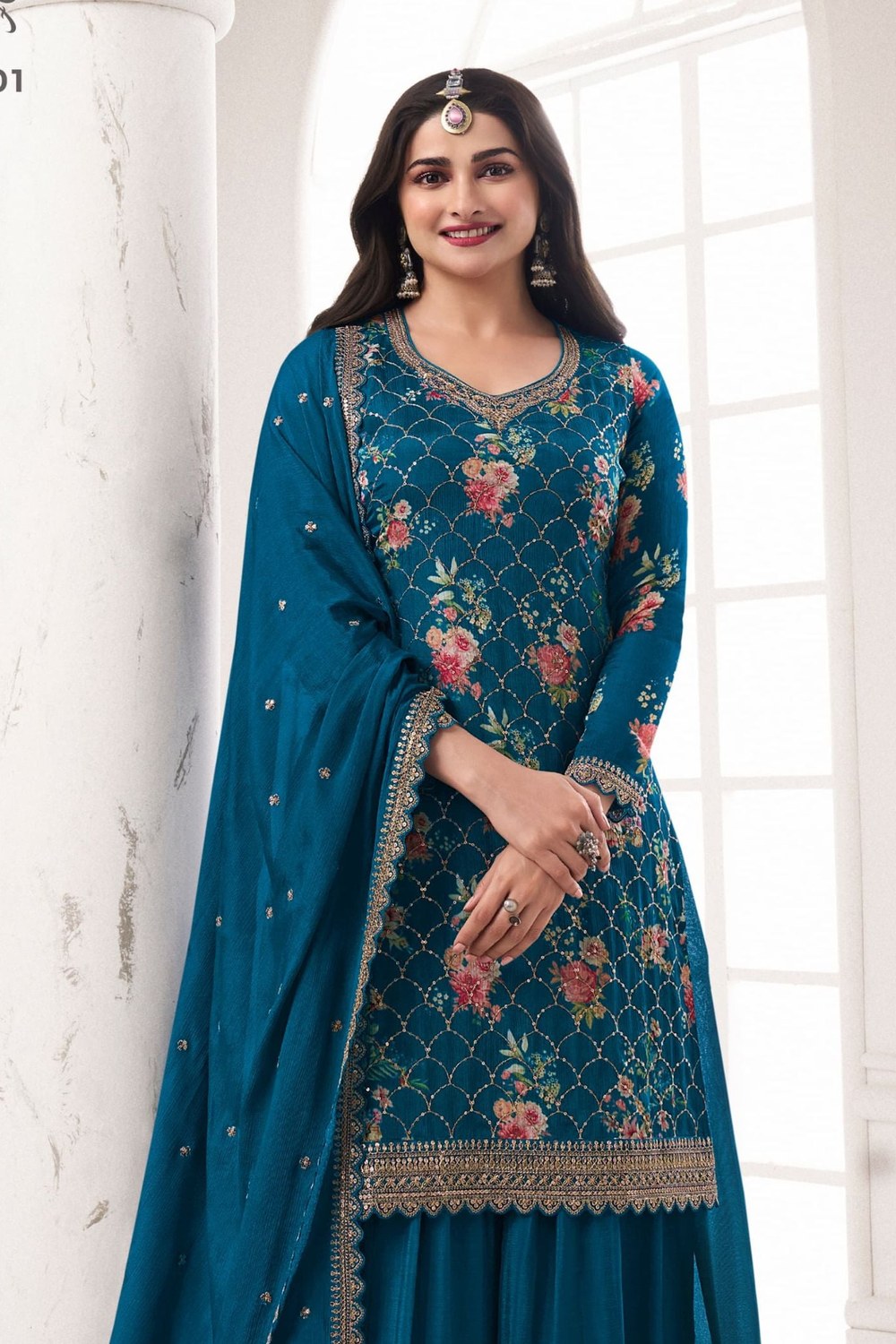 Teal Blue Chinon Silk Floral Plazo Suit For Indian Festivals & Pakistani Weddings Dress - Embroidery Work, Print Work - close-up view