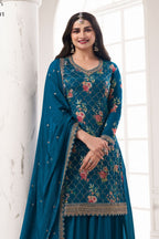Teal Blue Chinon Silk Floral Plazo Suit For Indian Festivals & Pakistani Weddings Dress - Embroidery Work, Print Work - close-up view