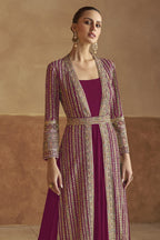 Dark Pink Georgette Indian Bridal Reception Gown with Jacket & Belt for Wedding - Embroidery Work - close-up view