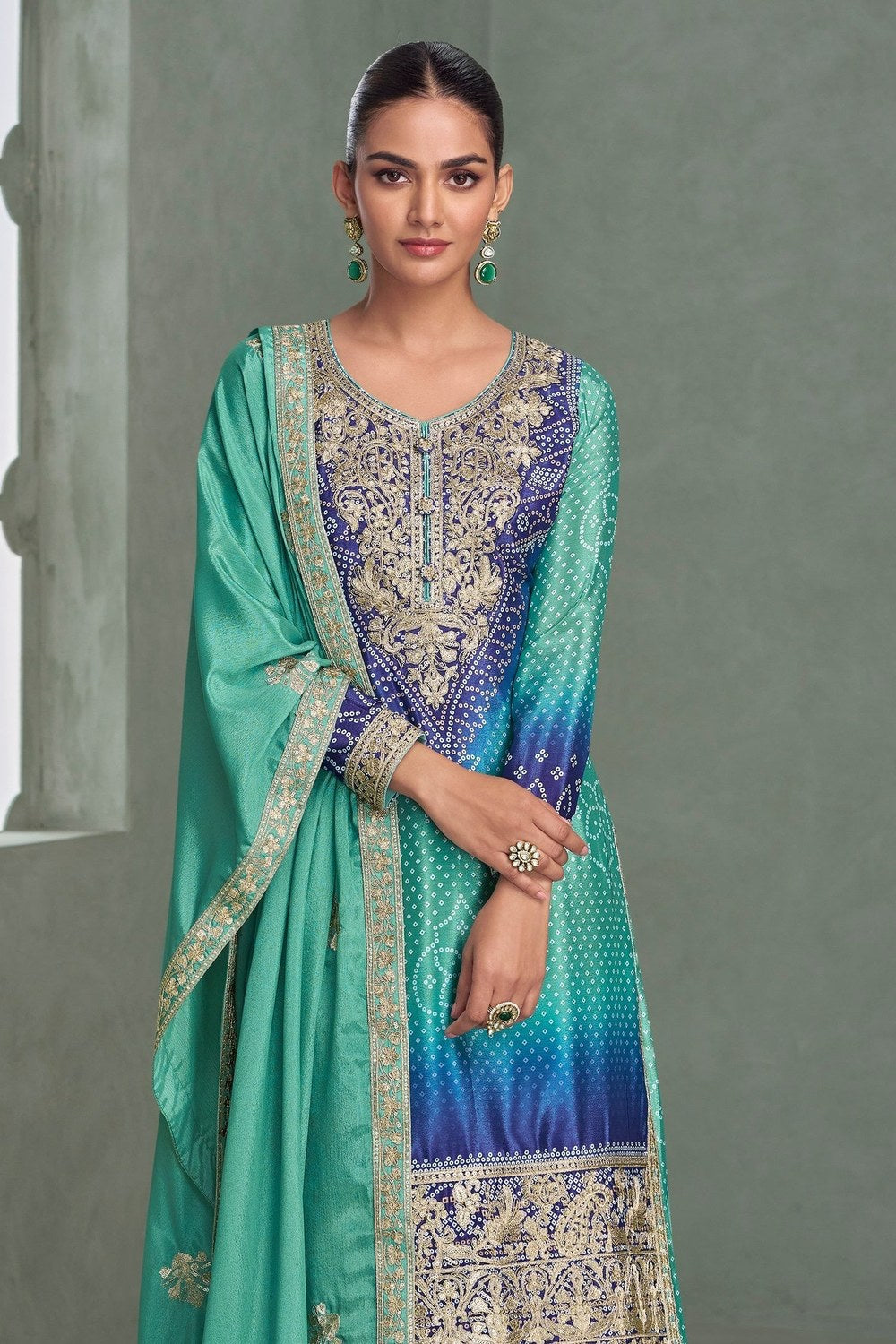 Teal Chinon Silk Dual Color Bandhani Print Style Plazo Suit For Indian & Pakistani Wedding Festival - Thread & Sequence Embroidery Work, Print Work - close-up view