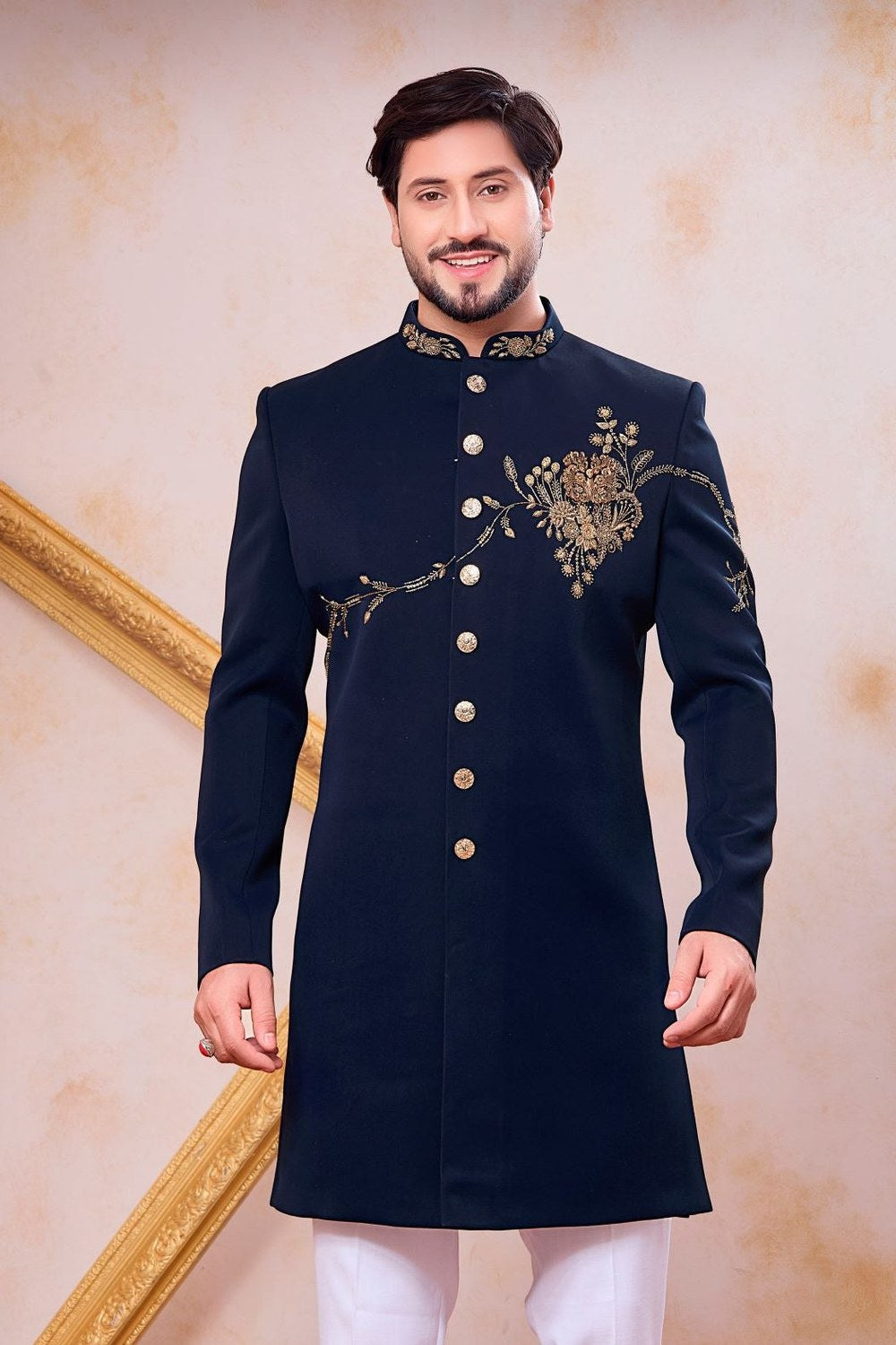 Light Navy Blue Art Silk Indo Western for Male - Zardosi Bead Hand Work - close-up view