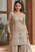 Beige Premium Tora Silk Palazzo Suit For Indian & Pakistani Wedding Festival - Patti Work - close-up view