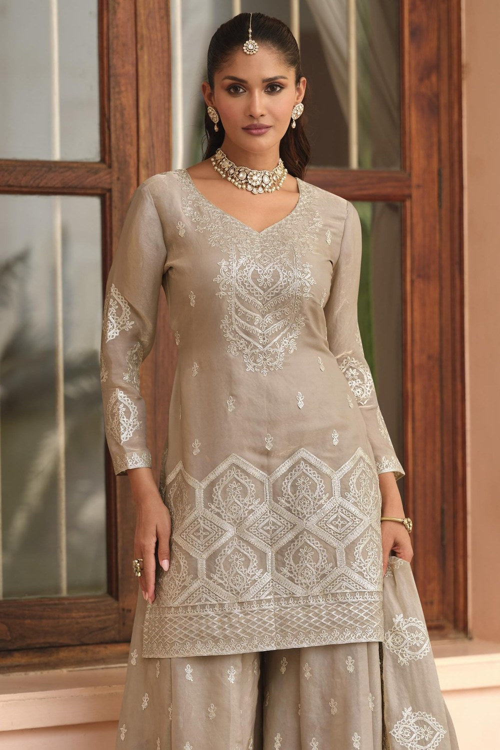 Beige Premium Tora Silk Palazzo Suit For Indian & Pakistani Wedding Festival - Patti Work - close-up view
