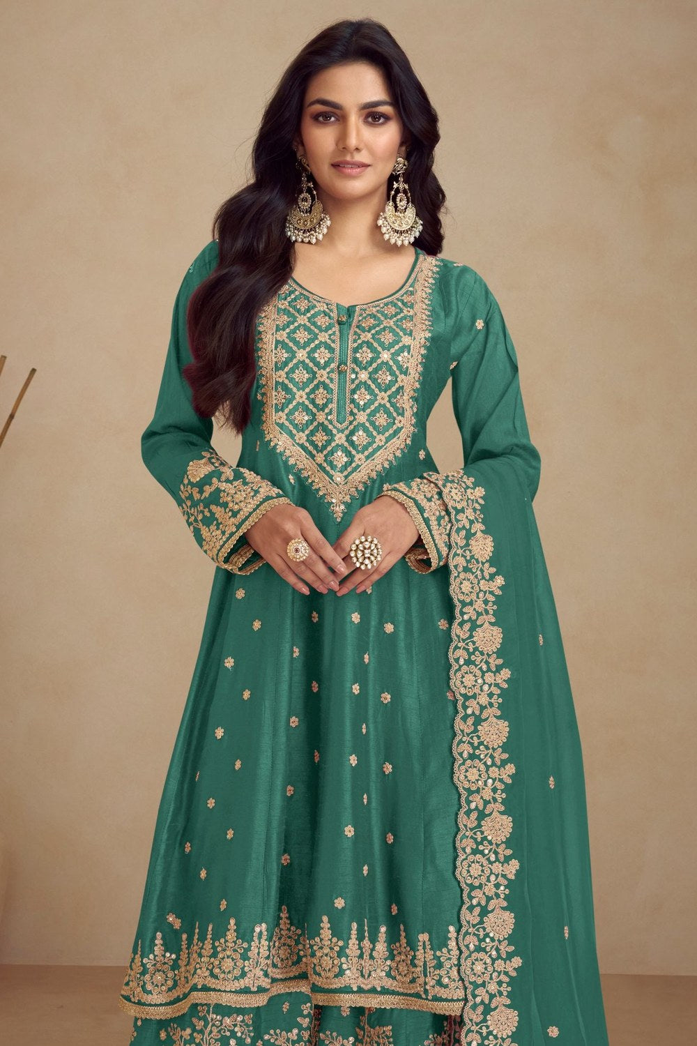 Teal Chinon Silk Plazo Suit For Indian Weddings & Pakitani Festival - Embroidery Work - close-up view