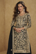 Embroidered Suit for Womens | Black Georgette Sequin Plazo Set - close-up view