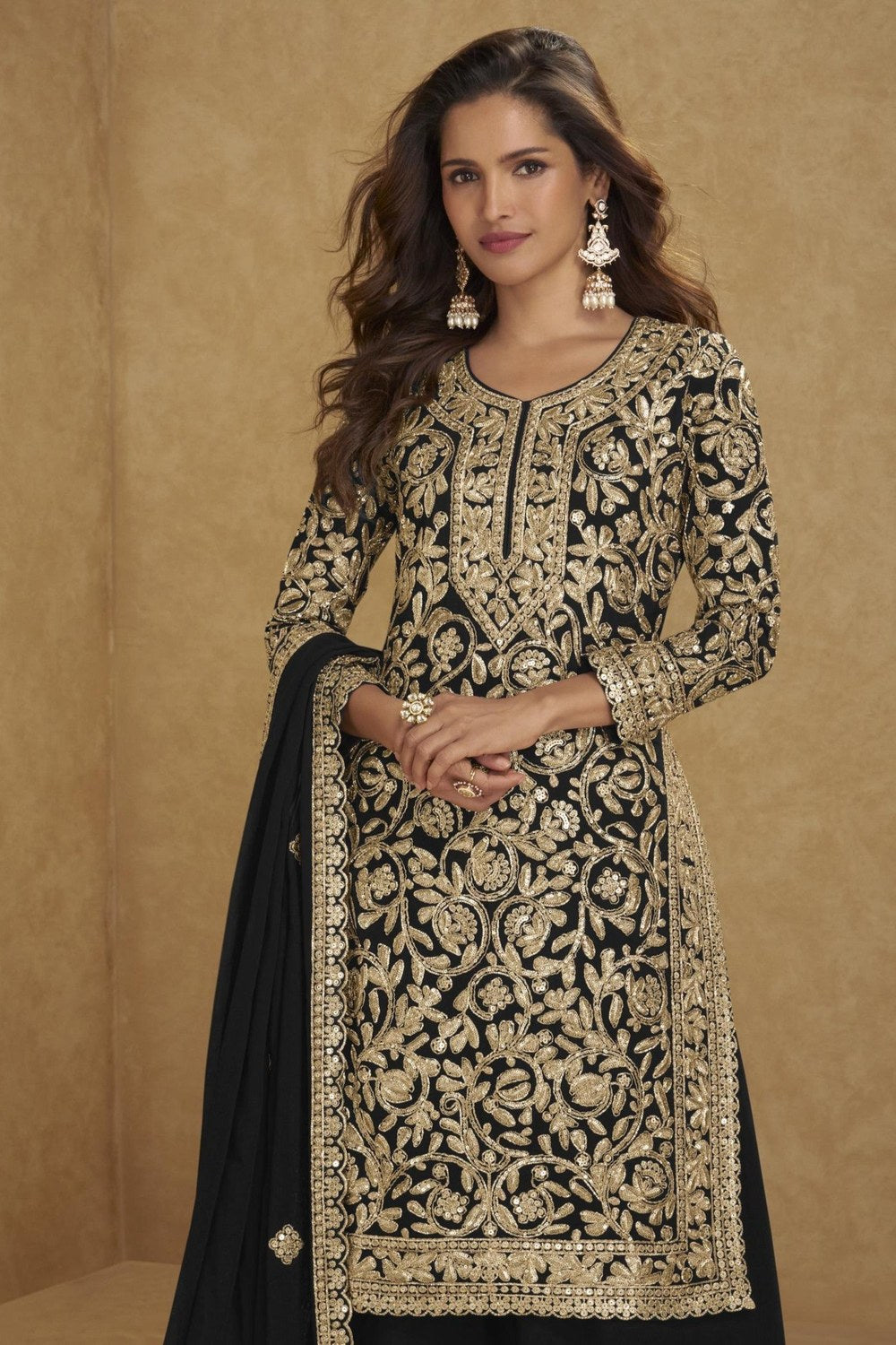 Embroidered Suit for Womens | Black Georgette Sequin Plazo Set - close-up view