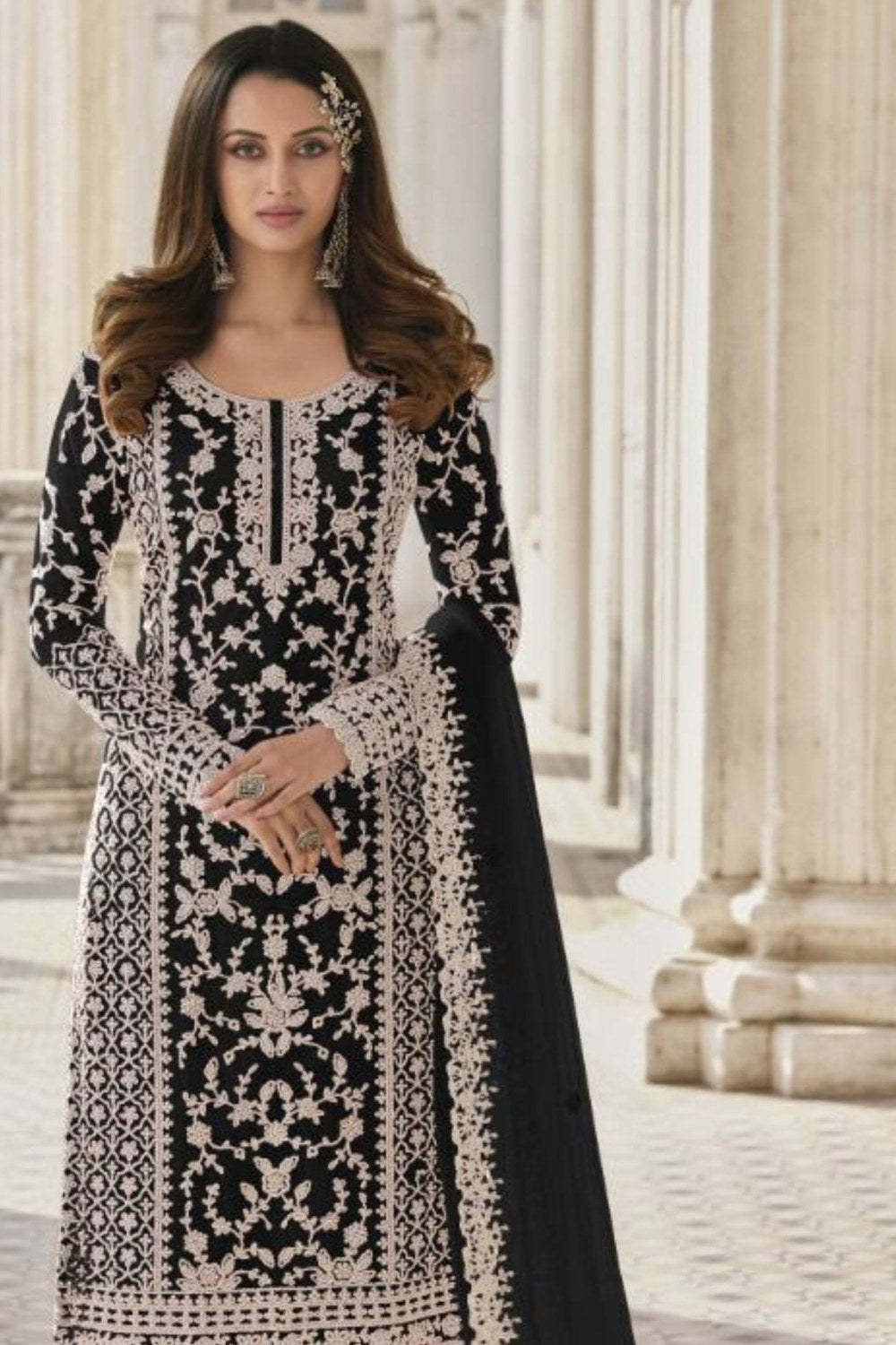 Black Net Kameez Plazzo Suit For Indian Wedding & Pakistani Festival Dress - Embroidery Work - close-up view