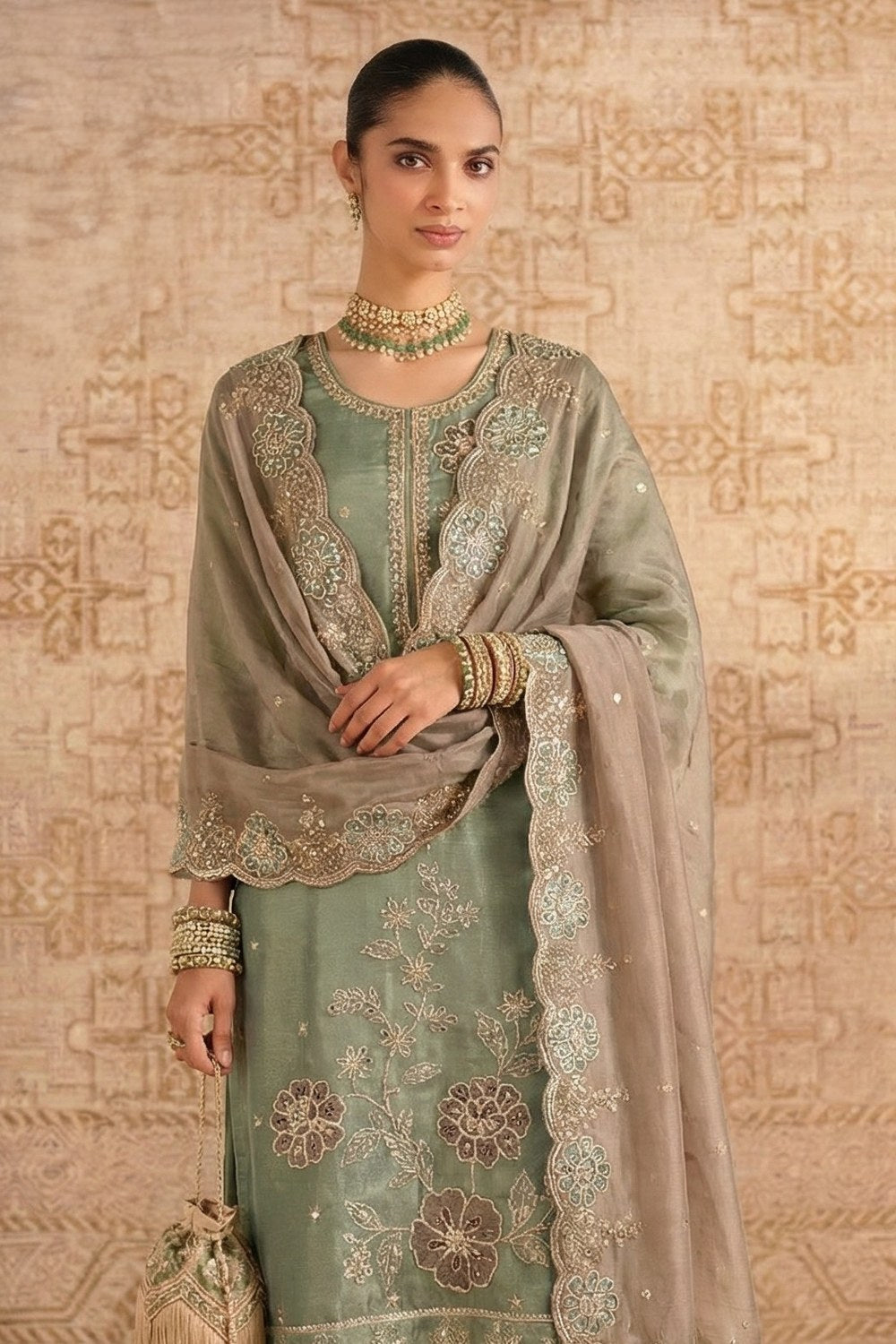Pista Green Shimmer Silk Female Kameez with Pant - Embroidery Work - close-up view