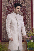 Lilac Pink Jacquard Woven Indo Western Mens Indian Wedding Attire - close-up view